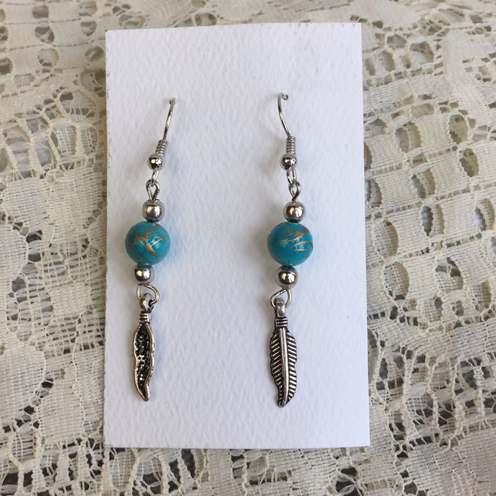 3/$15 Faux turquoise feather dangle earrings